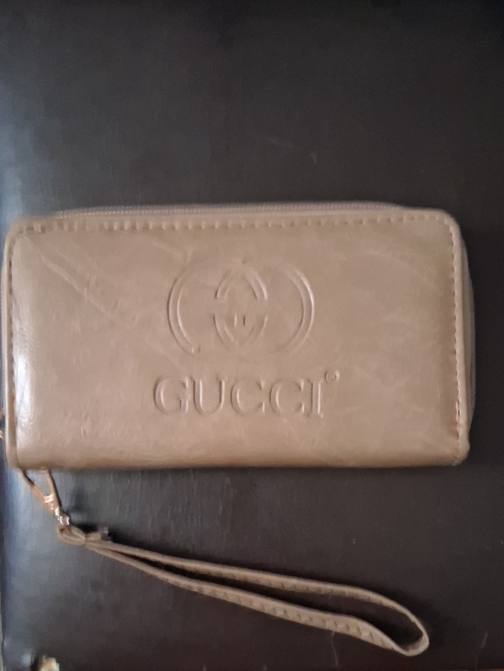 Gucci Tan Embossed Leather Zip Wristlet